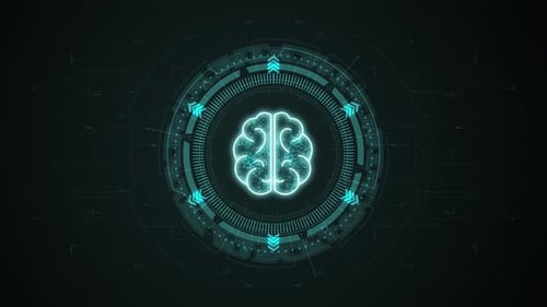 Blaues digitales Gehirnlogo mit HUD-Kreis-Technologie-Schnittstelle und abstrakten futuristischen Elementen