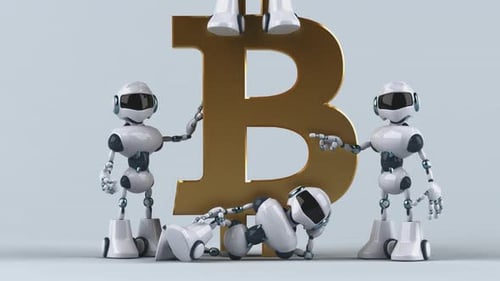 3D Robots Assembling the Bitcoin Symbol Animation