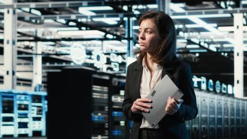Data Center Female Programmer Creating Digital Twin Scan to Optimize Servers