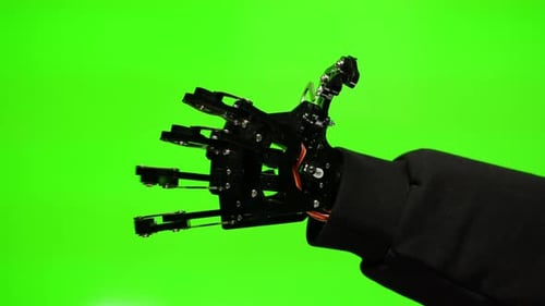 Modern Robotic Arm Holding and Moving Man Working with Mechanical Components Engineers Using Tablet