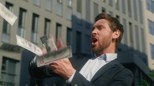 Geschäftserfolg erringen Triumph Financial Win Bet Casino Happy Smiling Winner Kaukasischer Geschäftsmann