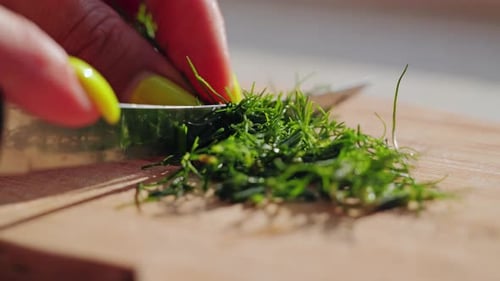Close up hands cutting fresh dill herbs on wooden board in sunlight kitchen