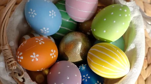 Pastel Easter Eggs in Woven Basket Close Up
