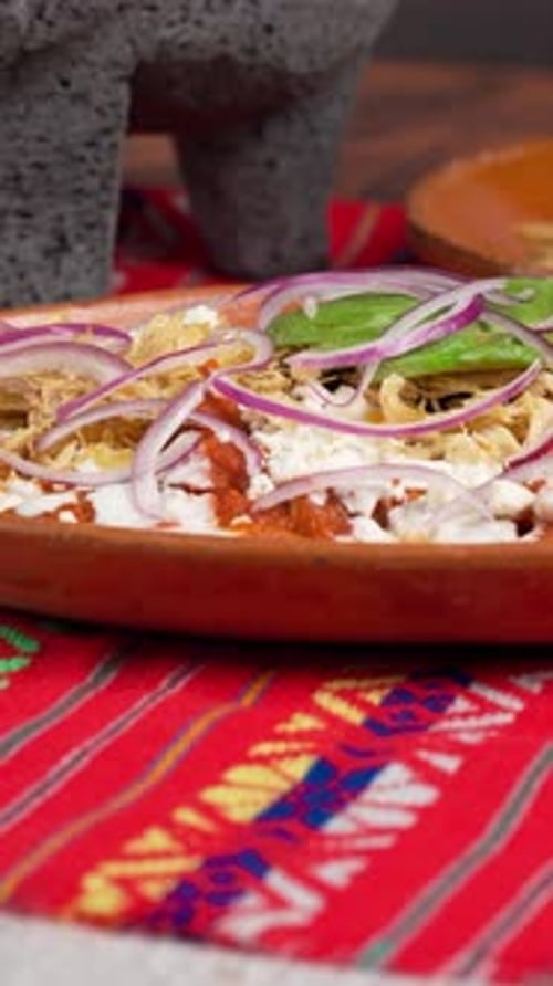 Vertical Video, Red Chilaquiles, Traditional Breakfast In Mexico