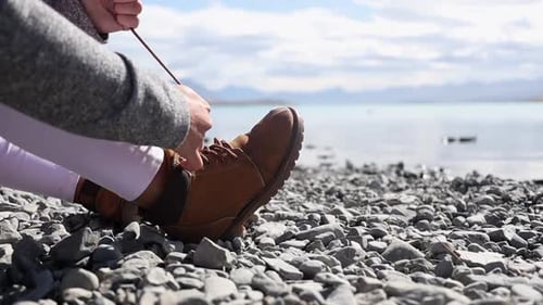 Hiking shoes laces lake and mountains New Zealand