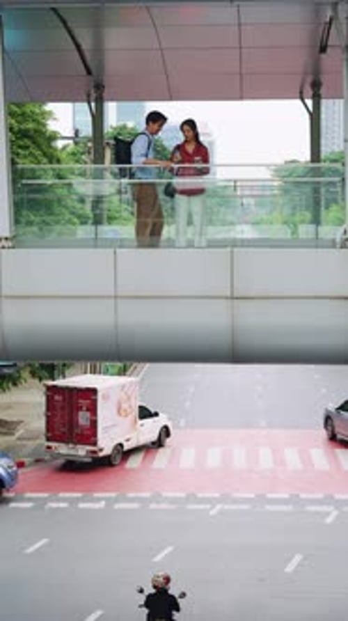 Couple Discussing on Bridge Above Bangkok Traffic Slow Motion