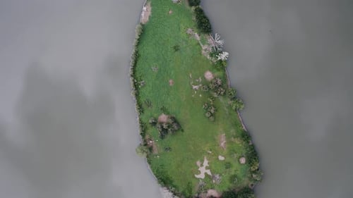Overhead rotating shot of Penny Island in Sloan Lake, Denver.