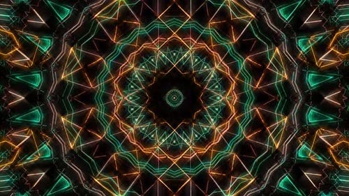 abstract lines of colorful twinkling light shining brightly in the center round, black background