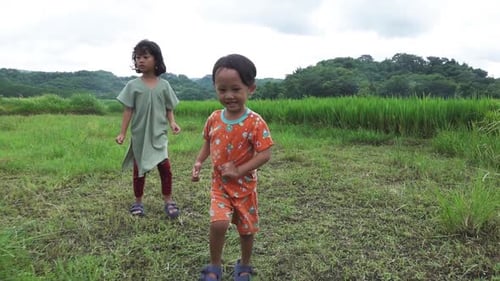 Children playing on a scenic green field