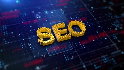 Animated SEO Voxel Text on Digital Circuit Background