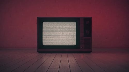 Retro CRT TV with noise in a dark red light and empty room. Dolly camera movement