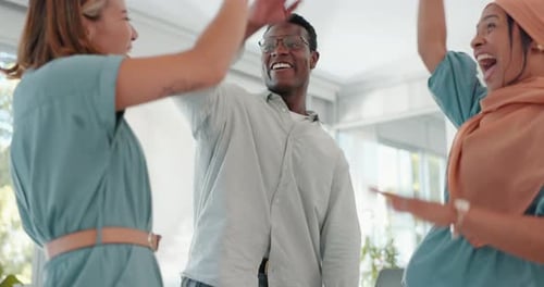 Clapping, hands together and success people in office teamwork, high five and startup