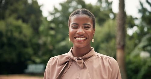 Business, black woman and face with laughing in park, confidence and travel for professional career