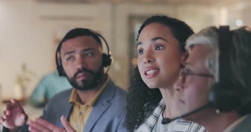 Call center, training and consulting with business people in office for communication