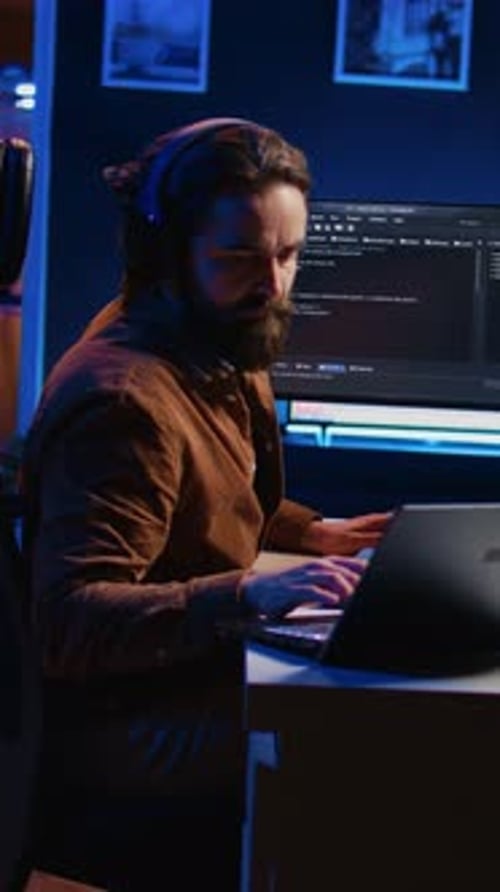 Developer Typing Complex Code in Neon Lit Home Office Listening Music