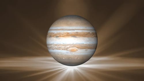 Vista frontal do planeta Júpiter 3D giratório com fundo. Vd 885