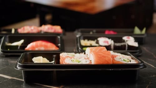 Sushi Sashimi Nigiri Platter Japanese Gunkan Maki Sushi Restaurant Fresh Tuna and Salmon Slices in
