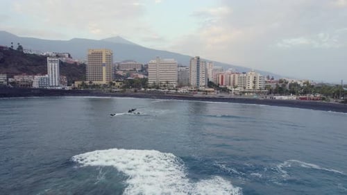 Aerial View of Puerto de La Cruz Waterfront, Tenerife, Canary Islands, Spain, Hotels and Promenade b