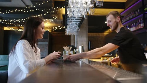 Woman Talking to Bartender at Restaurant Bar