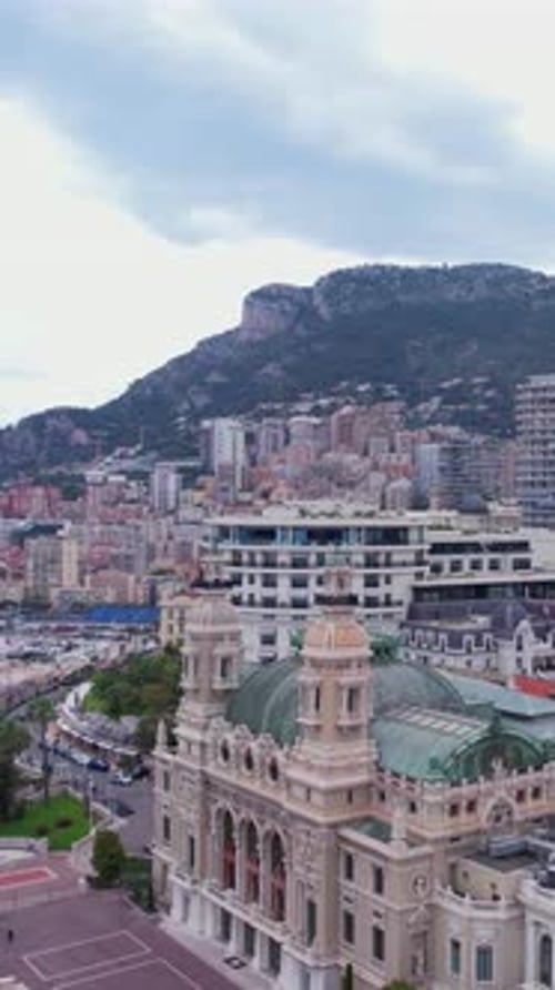 Vertical, Monte Carlo Monaco Downtown Buildings, Famous Casino and Harbor, Establishing Drone Shot