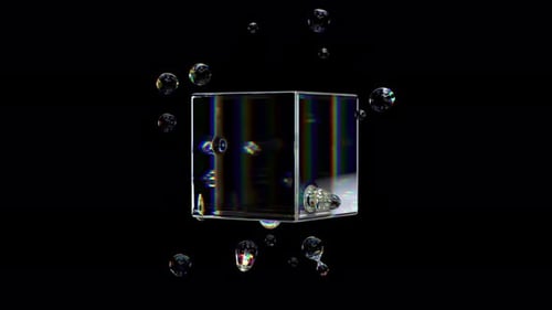 Metaball liquid transparent iridescent blobs with rotating cube.
