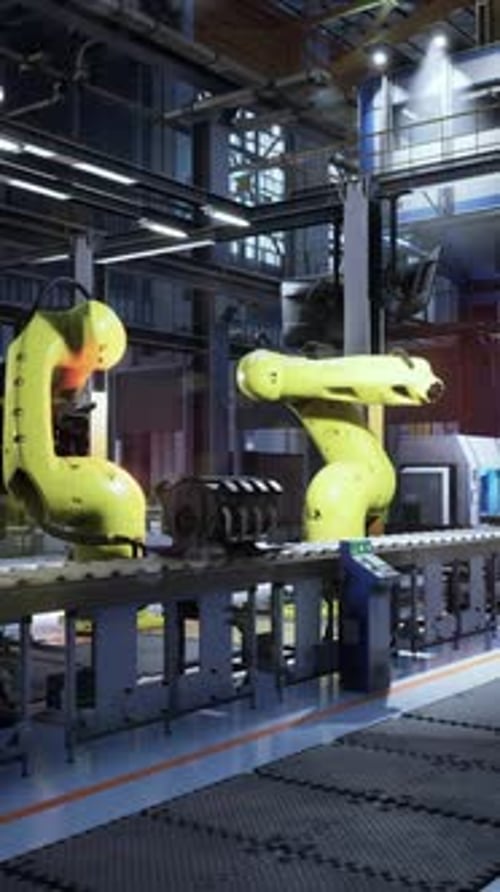 Busy Heavy Equipment Factory With Multiple Machines and Robotics