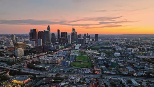 City of LA in Sunset Aerial View of Downtown LA Los Angeles Downtown at Night Glowing Skyscrapers in