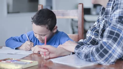 Junge, Kind macht Hausaufgaben und lernt zu Hause mit Mutter, die an einem Tisch sitzt — Stockvideos