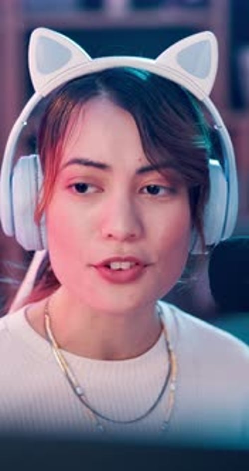 Happy, woman and podcast in home with headphones for social network, entertainment or fun hobby