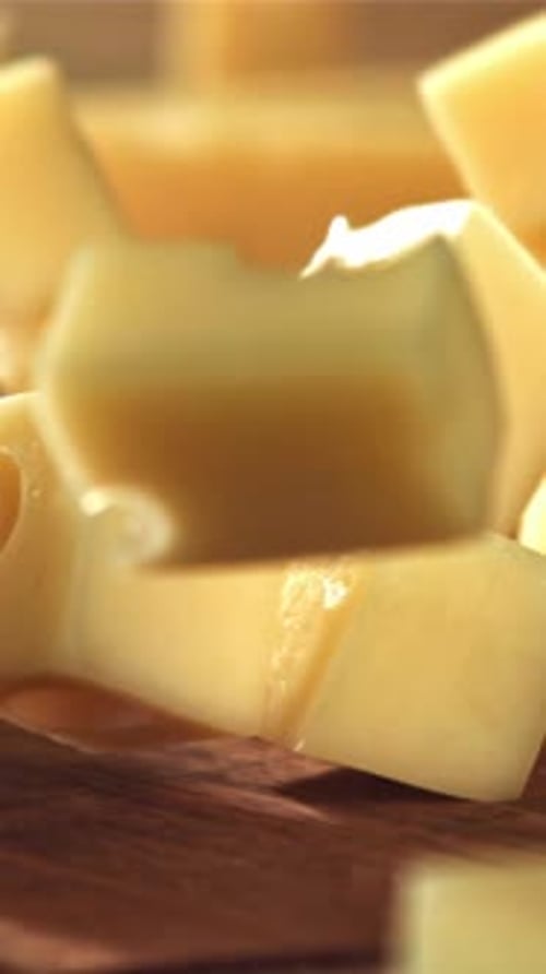 Super Slow Motion Pieces of Cheese Fall Onto a Cutting Board Filmed on a Highspeed Camera at 1000
