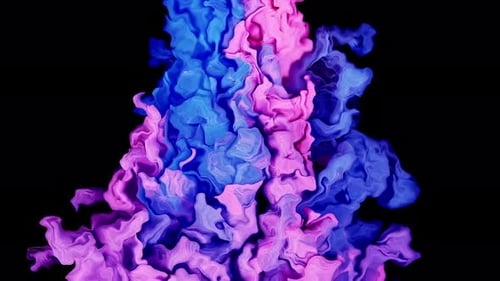 Dynamische Mischung aus roter Tinte und blauer Farbe verflechten sich zu einer farbenfrohen abstrakten Wolke inmitten der Dunkelheit