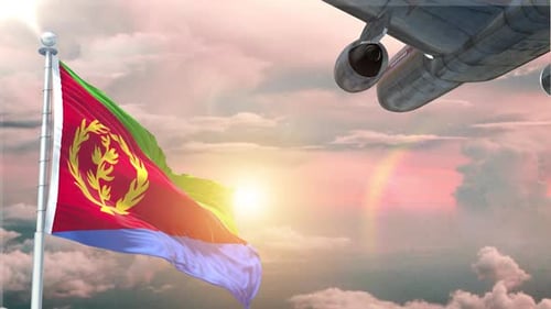 Realistisch wehende Flagge von Eritrea mit Flugzeug, das bei Sonnenaufgang abhebt