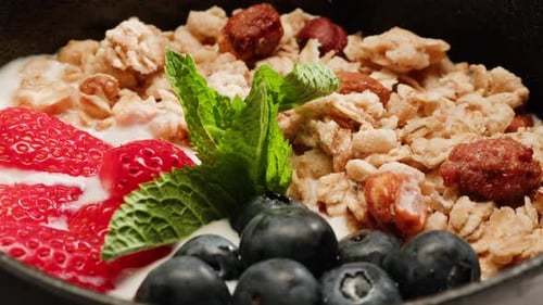 Yogurt Milk with Granola and Fruits Cereals a Nd Berries Healthy Breakfast in Cafe Chef Serving Food