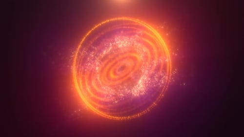 A golden spiral energy sphere structure with green particles, radiating cosmic power in a dark