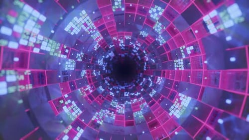 Vol abstrait dans un couloir futuriste, fond de boucle fluide. Cubes de néon colorés et brillants, géo