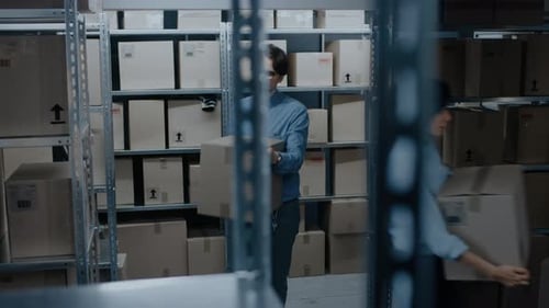 Warehouse Worker Puts Cardboard Box on a Shelf. In the Background, Other People Working and Rows of