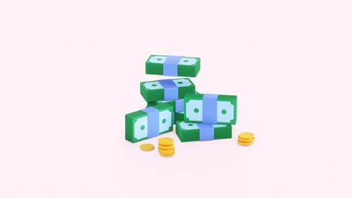 Golden coin, dollar bills animation. 3d render. Bank service, investment, money