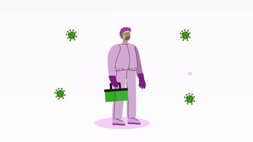 Animated Medical Professional in Hazmat Suit with Virus Particles