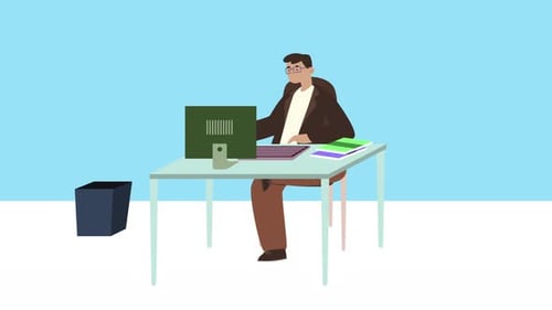 Office Worker Man Sitting at Desk Computer Animation