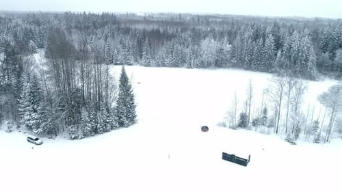Aerial descend across snowy field clearing in pine tree forest