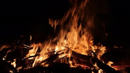 Close up shot of bone fire at night. Close-up, flames from fire. Night bonfire, logs are on fire, sp