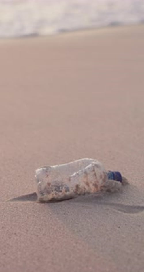 Plastic bottle, beach and nature pollution or earth waste management in environment