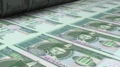 10 billets Tögrög mongols sur machine à imprimer de l'argent