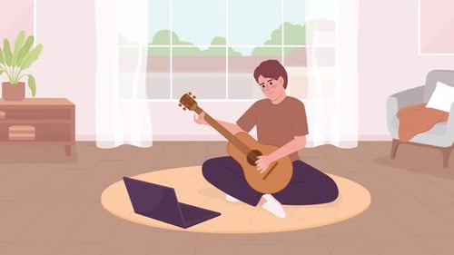 Animated Person Playing Acoustic Guitar with Laptop