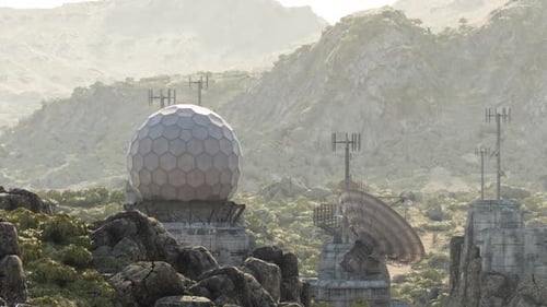 Futuristic Radar Station and Satellite Dish in Mountain Landscape