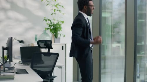 Business in Office Happy Winner African American Businessman Man Male Employer Entrepreneur Typing