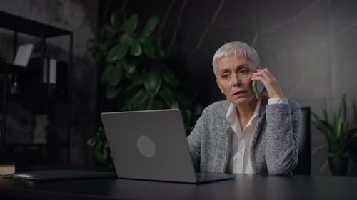 Woman Talks on Phone at Laptop in Office