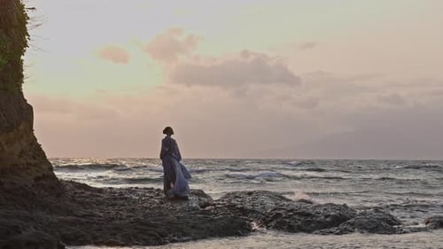 Woman In A Dress Standing At Rocky Shore