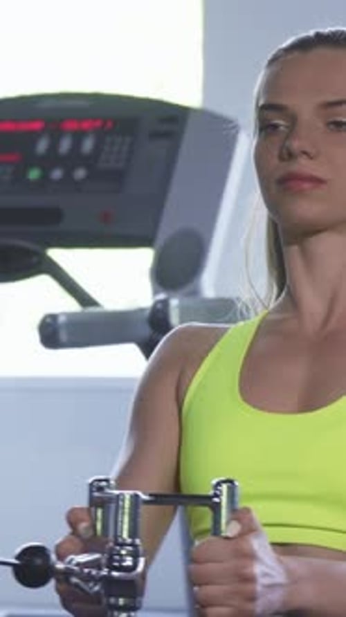 Determined Sportswoman Executing Seated Cable Rowing Exercise in a Lively Gym