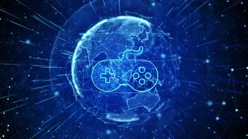 Glowing Game Controller Icon with Futuristic Global Network